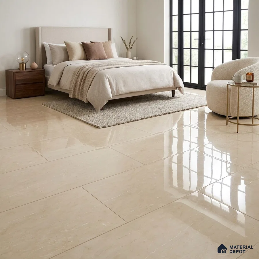 Modern Bedroom with Glossy Cream Marble-Look Floor Tile