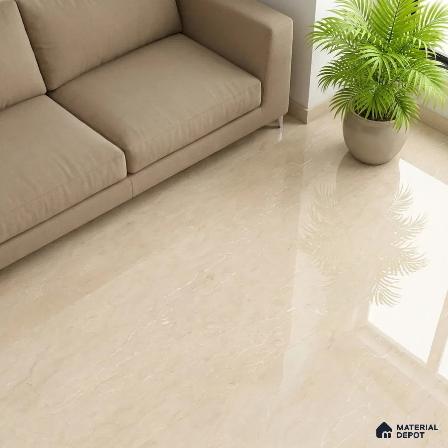 Modern living room with beige marble-look polished floor tile and taupe fabric sofa