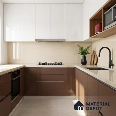 Modern dual tone kitchen with glossy white and brown laminate, beige marble backsplash, and quartz countertop
