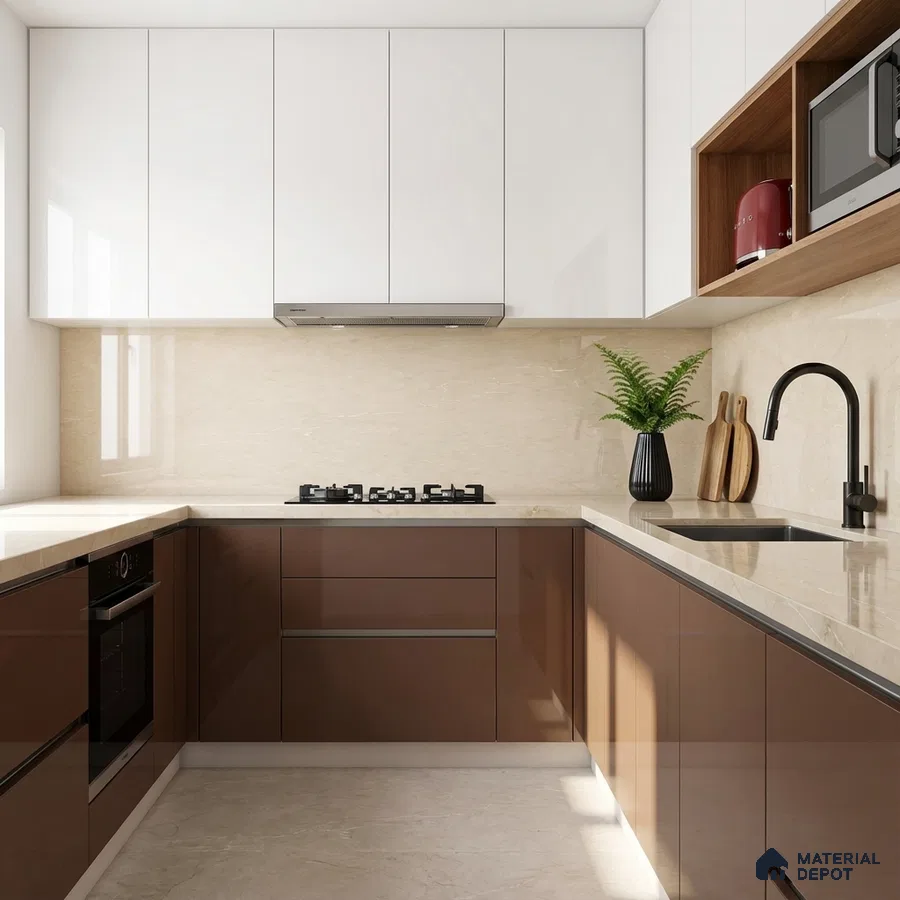 Modern dual tone kitchen with glossy white and brown laminate, beige marble backsplash, and quartz countertop