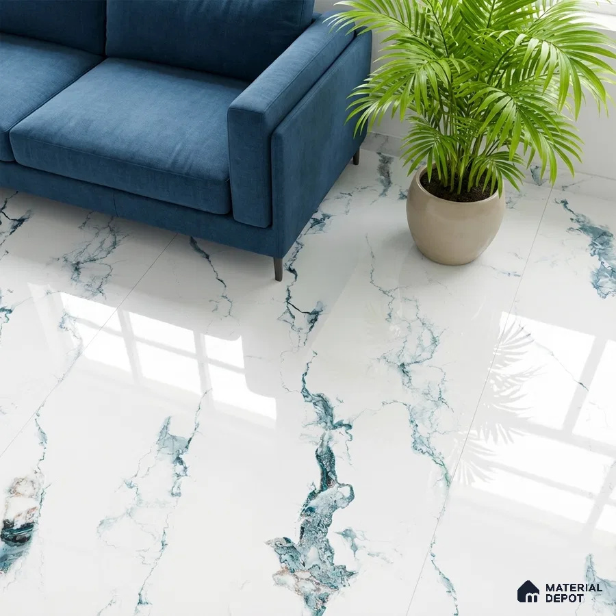 Modern living room with blue marble-look glossy floor tiles and blue fabric sofa