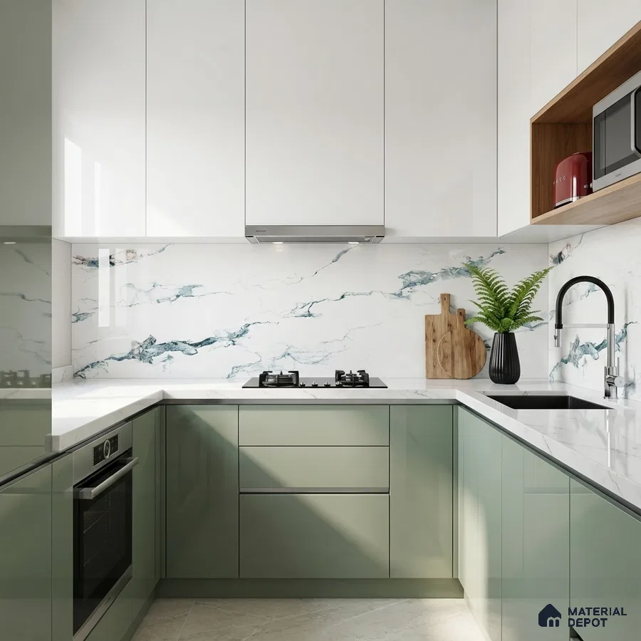 Modern U-shaped kitchen with sage green and white laminate, marble-look backsplash tile, and white quartz countertop