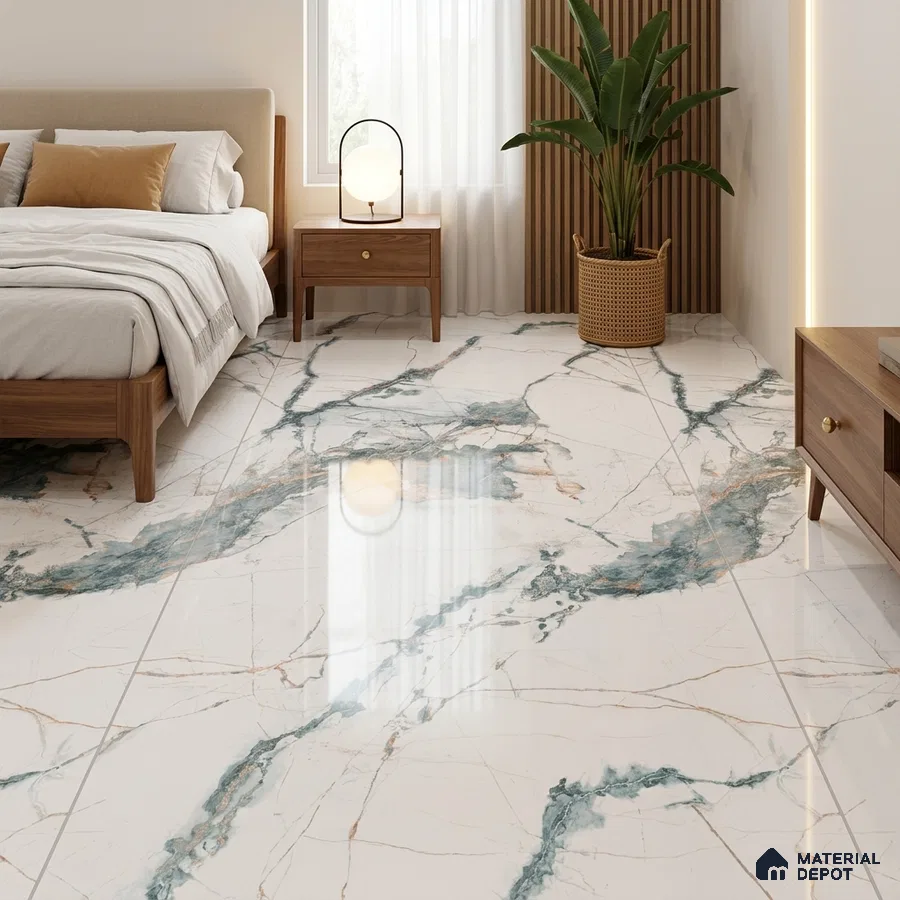 Japandi Bedroom with Glossy White Marble-Look Floor Tile with Teal and Gold Veins
