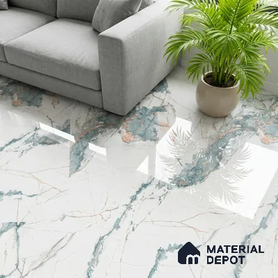 Modern living room with glossy marble-look floor tiles and grey sofa
