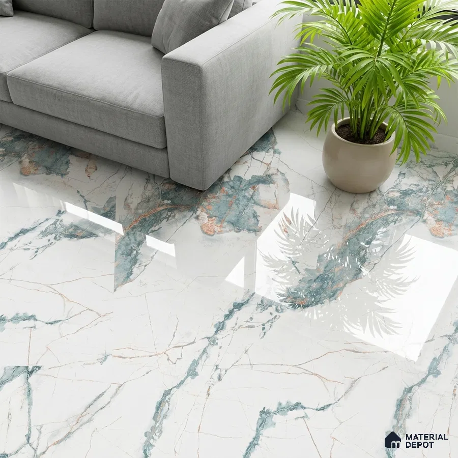 Modern living room with glossy marble-look floor tiles and grey sofa
