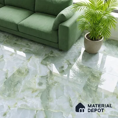 Modern living room with green marble-look glossy floor tiles and sage green fabric sofa
