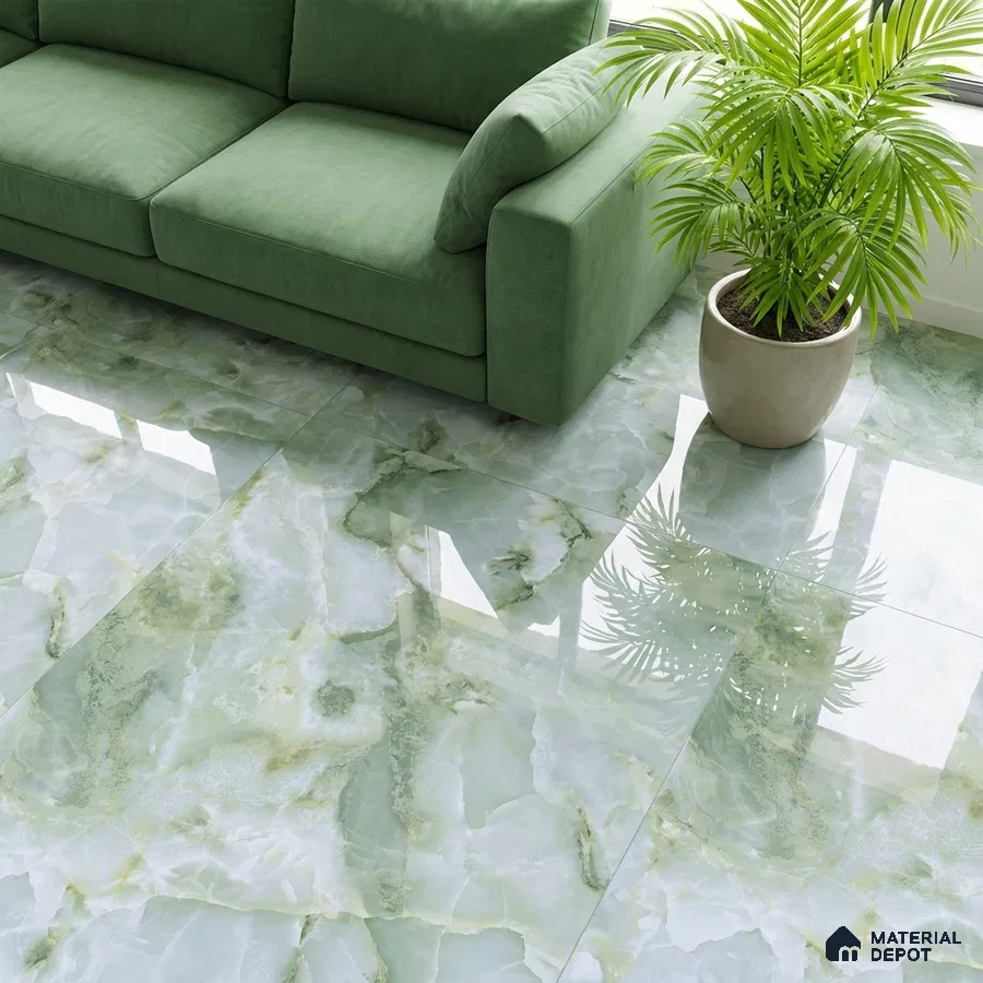 Modern living room with green marble-look glossy floor tiles and sage green fabric sofa