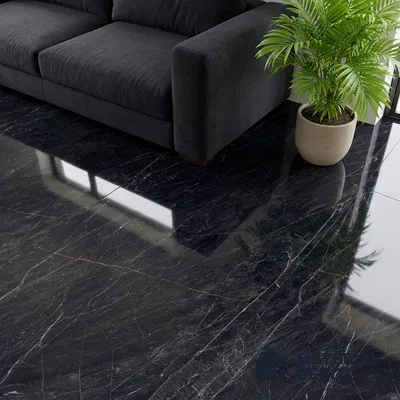 Modern living room with polished black marble floor tiles and charcoal fabric sofa