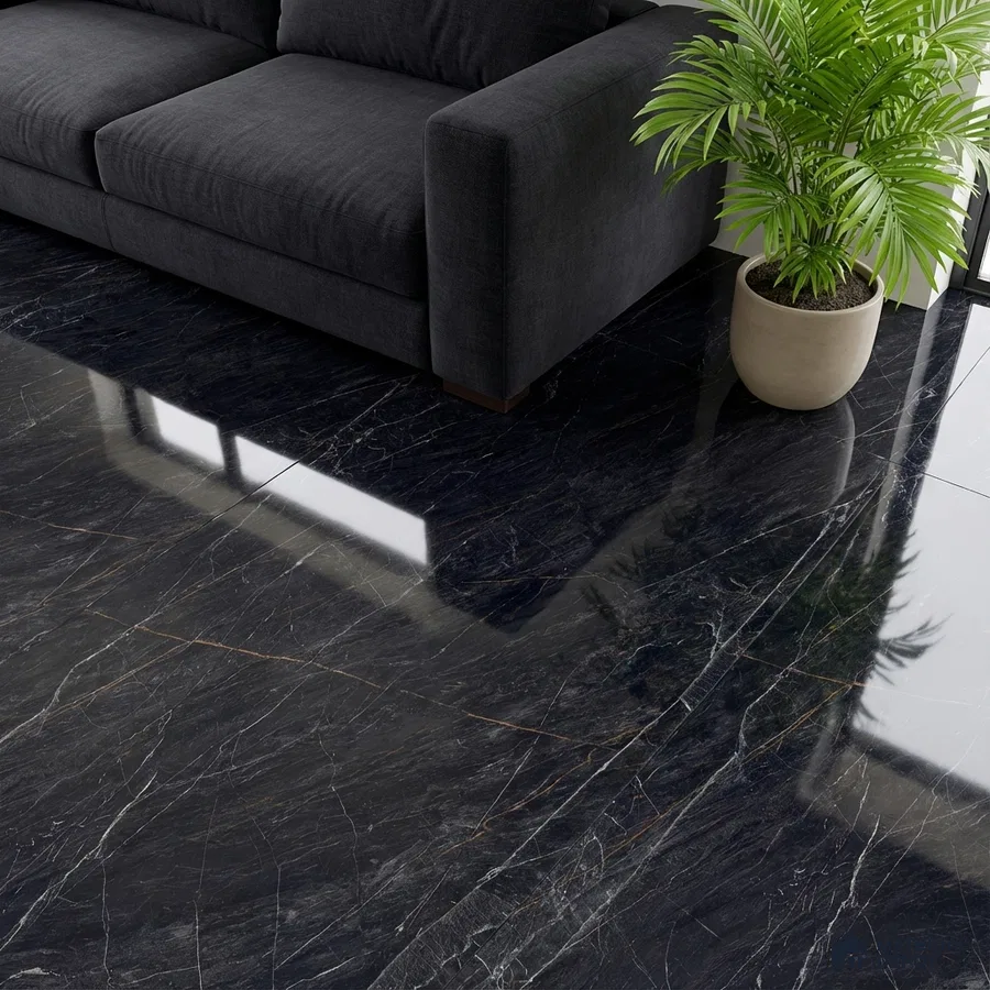 Modern living room with polished black marble floor tiles and charcoal fabric sofa