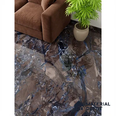 Modern living room with glossy brown and blue marble-look floor tiles