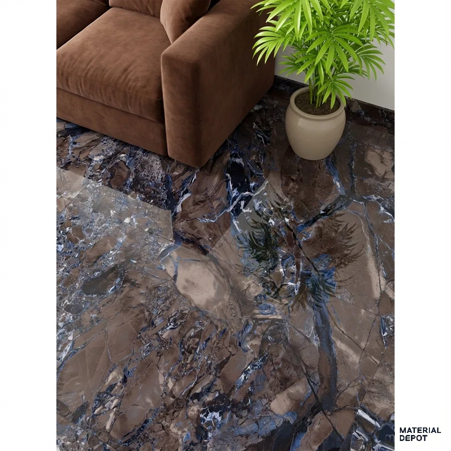 Modern living room with glossy brown and blue marble-look floor tiles