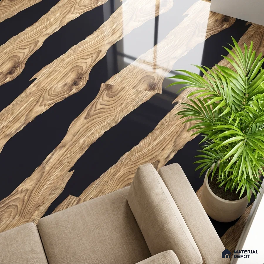 Modern living room with glossy black and natural oak wood patterned floor