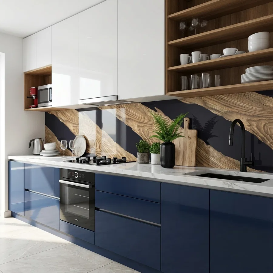 Modern kitchen with navy blue high gloss laminate, white quartz countertop, and wood grain patterned backsplash tile