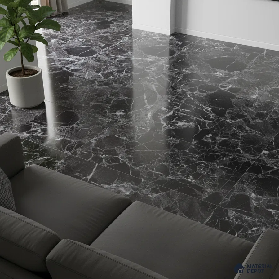 Modern living room with polished black marble floor tiles and grey sofa