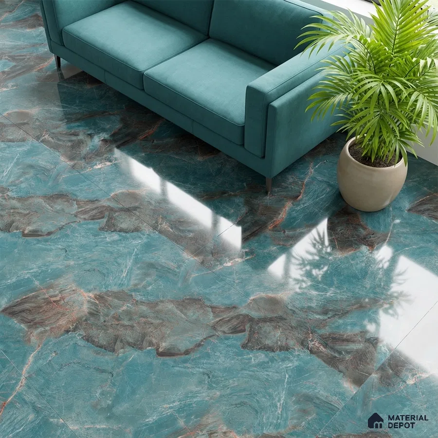 Modern living room with teal marble-look glossy floor tiles and teal fabric sofa