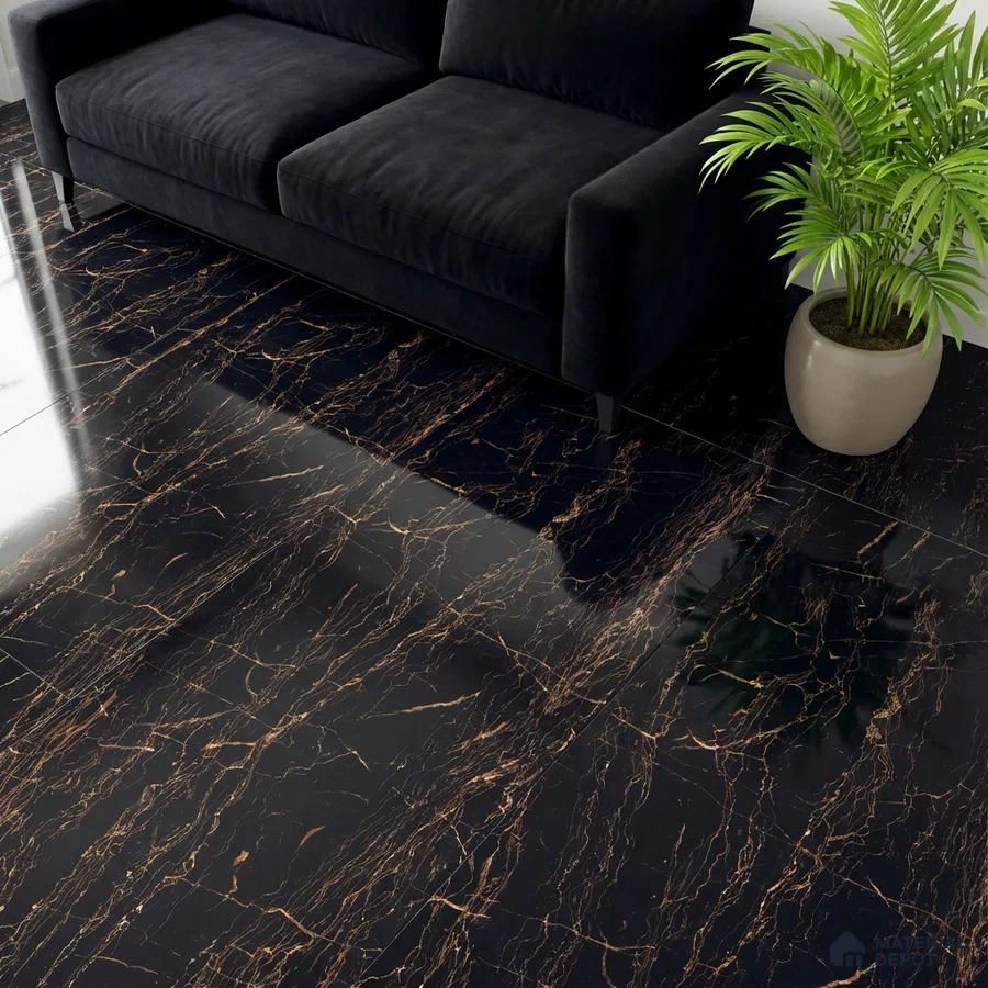 Modern living room with black marble-look floor tiles and velvet sofa
