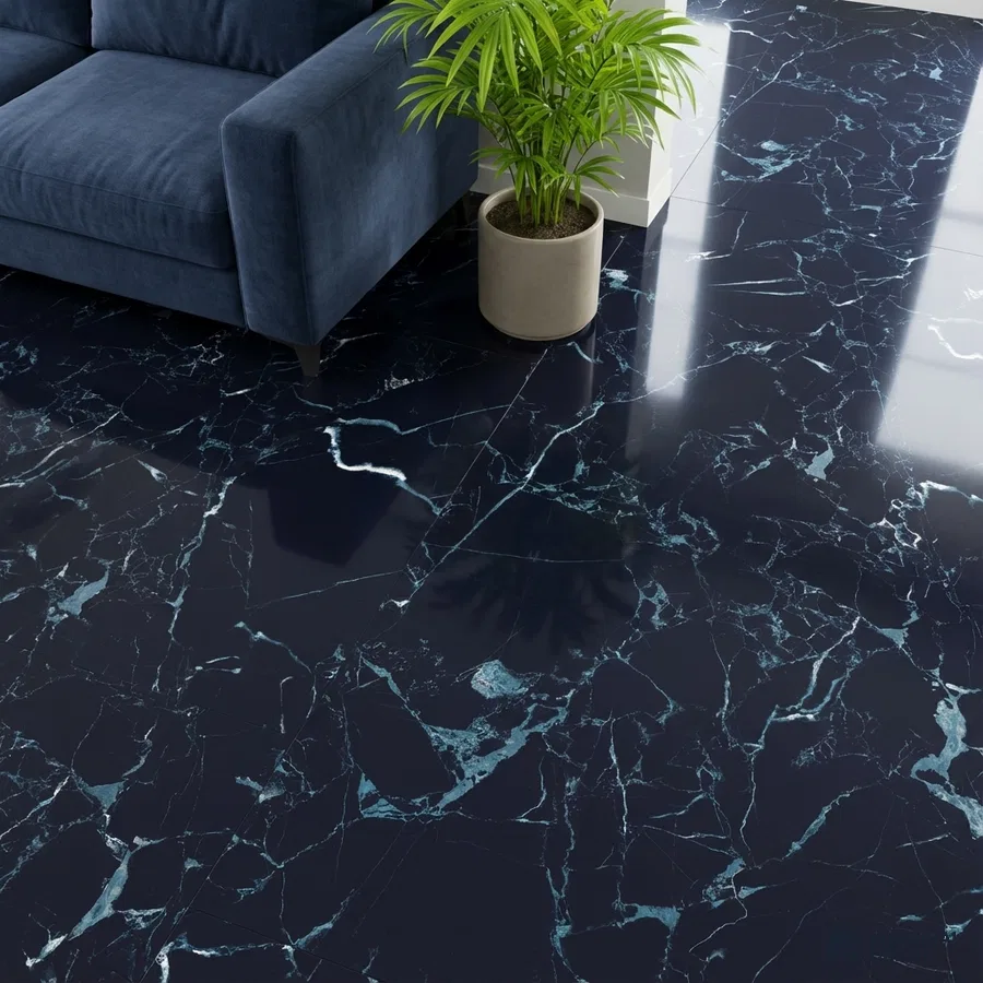 Modern living room with navy blue marble floor tile and velvet sofa