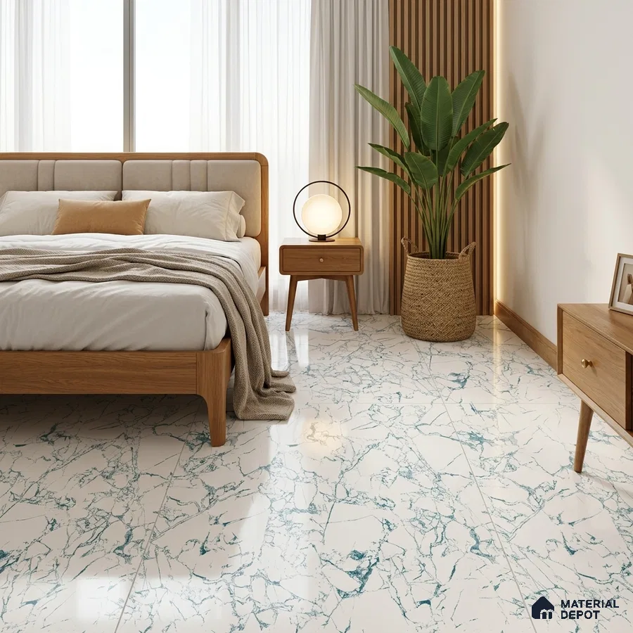 Japandi Bedroom with Glossy White Marble-Look Floor Tile with Teal Veins