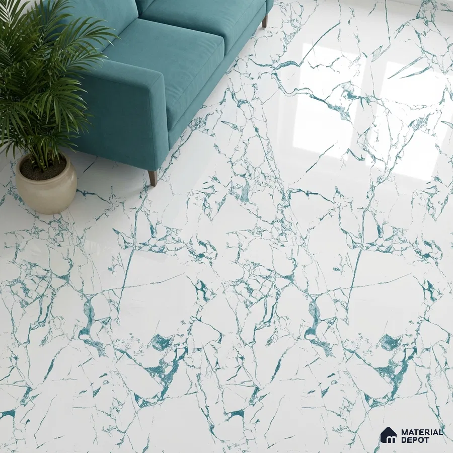 Modern living room with teal marble-look floor tiles and teal fabric sofa