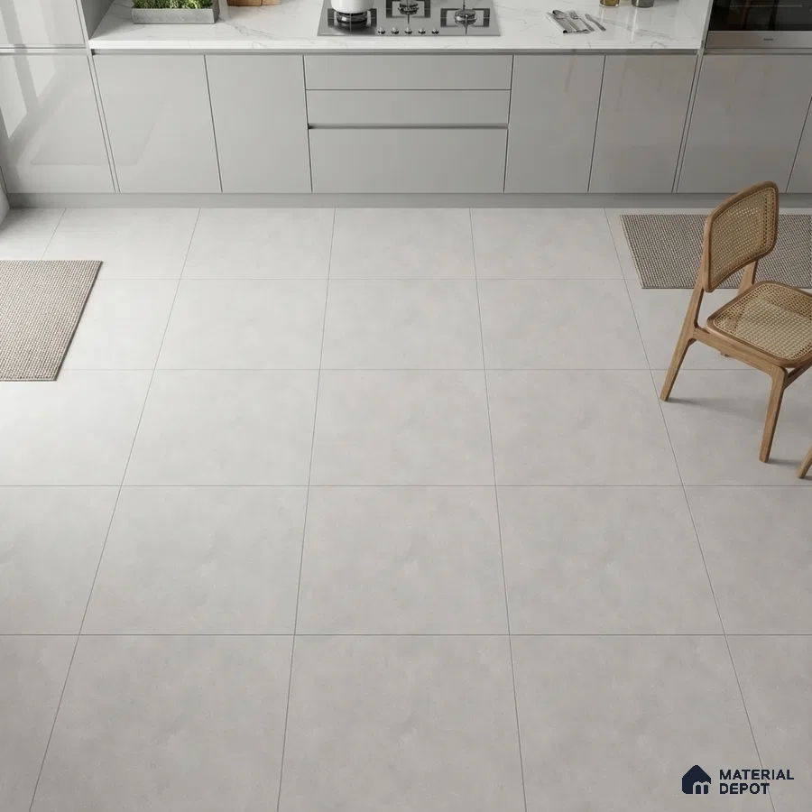 Minimalist kitchen with light grey matte floor tiles and glossy grey laminate cabinets