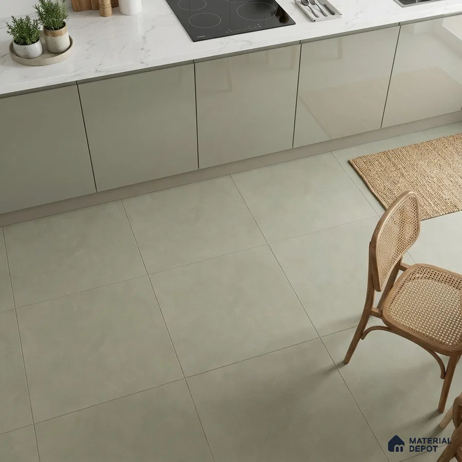 Minimalist kitchen with glossy taupe laminate cabinets, white marble-look countertop, and light beige floor tiles