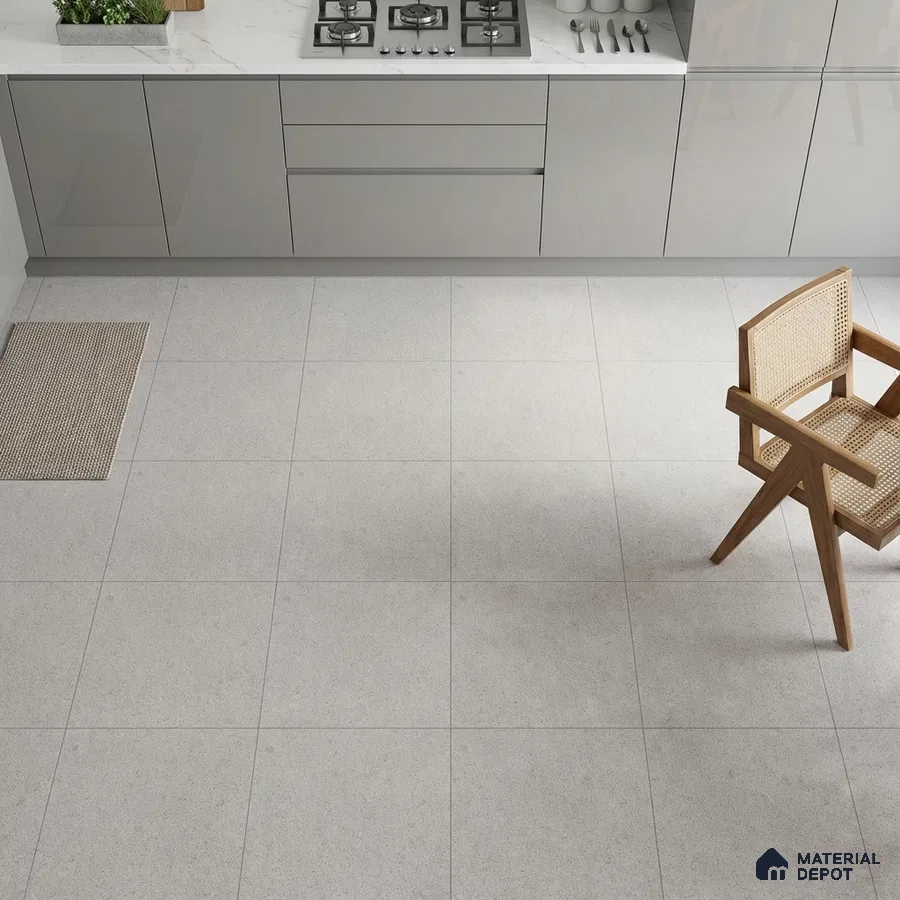 Modern kitchen with grey high gloss laminate cabinets, white marble countertop, and light grey matte floor tiles