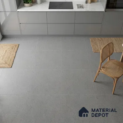 Modern kitchen with grey high gloss laminate cabinets, white marble countertop, and light grey stone floor tiles