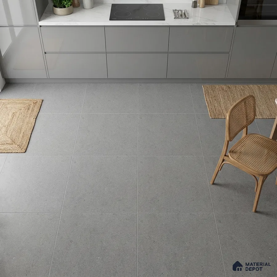 Modern kitchen with grey high gloss laminate cabinets, white marble countertop, and light grey stone floor tiles