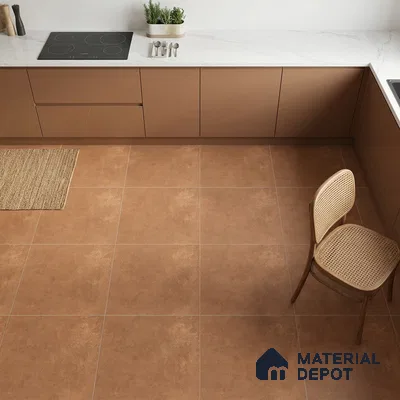 Minimalist kitchen with matte brown laminate cabinets, white marble-look countertop, and terracotta floor tiles