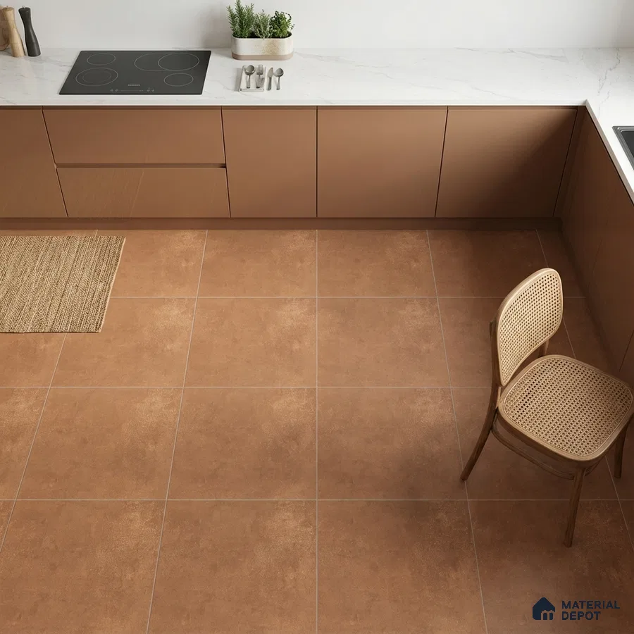 Minimalist kitchen with matte brown laminate cabinets, white marble-look countertop, and terracotta floor tiles