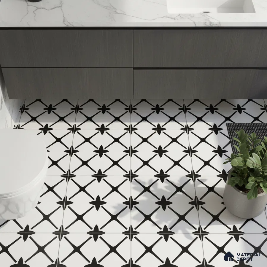 Modern bathroom with black-and-white geometric floor tiles and marble countertop