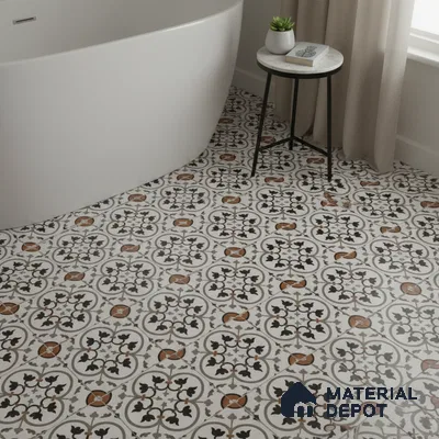 Modern bathroom with black and terracotta floral patterned floor tiles