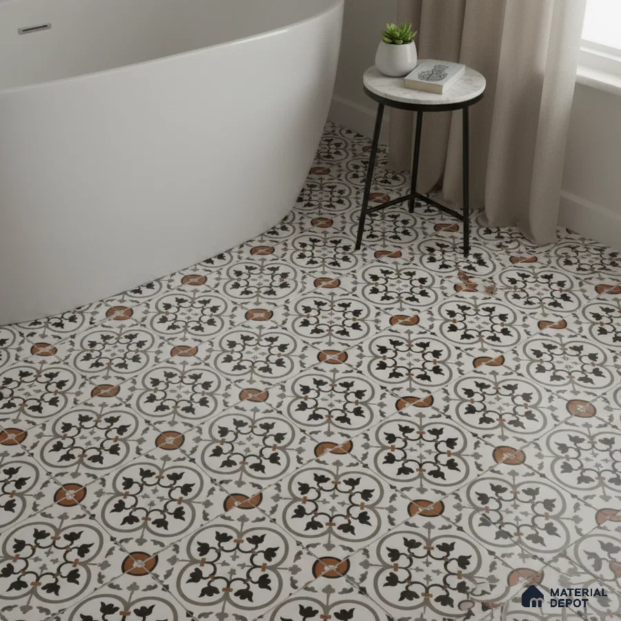 Modern bathroom with black and terracotta floral patterned floor tiles