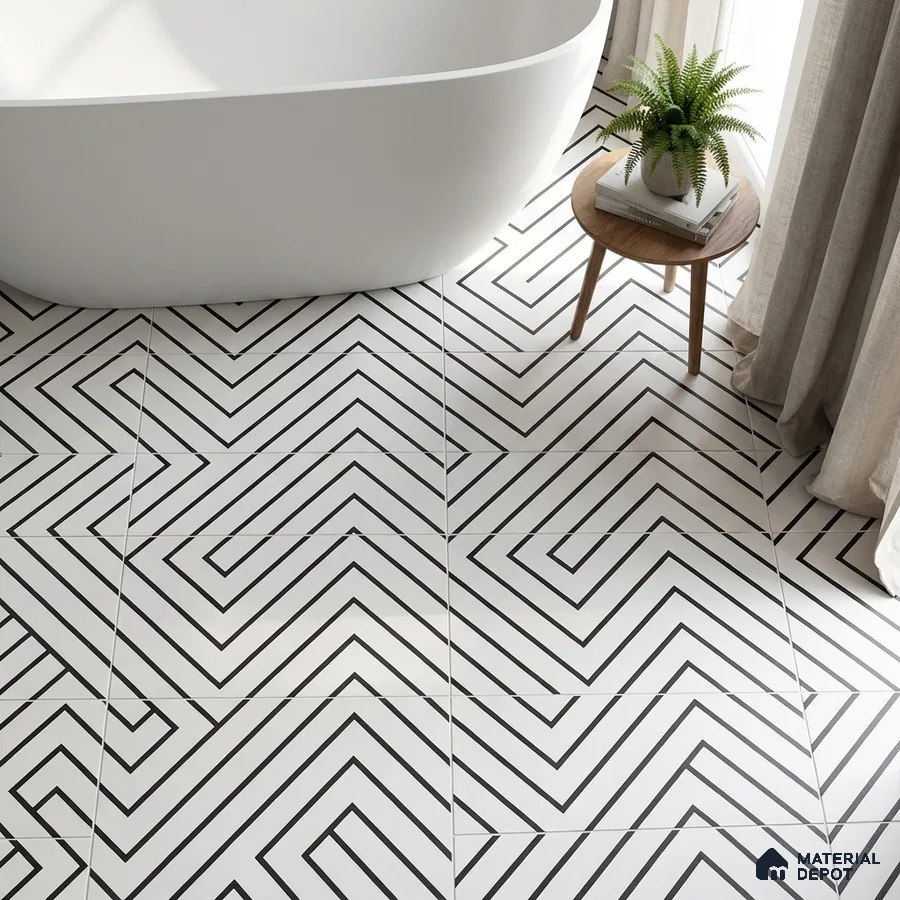 Modern bathroom with black-and-white geometric floor tiles and freestanding tub