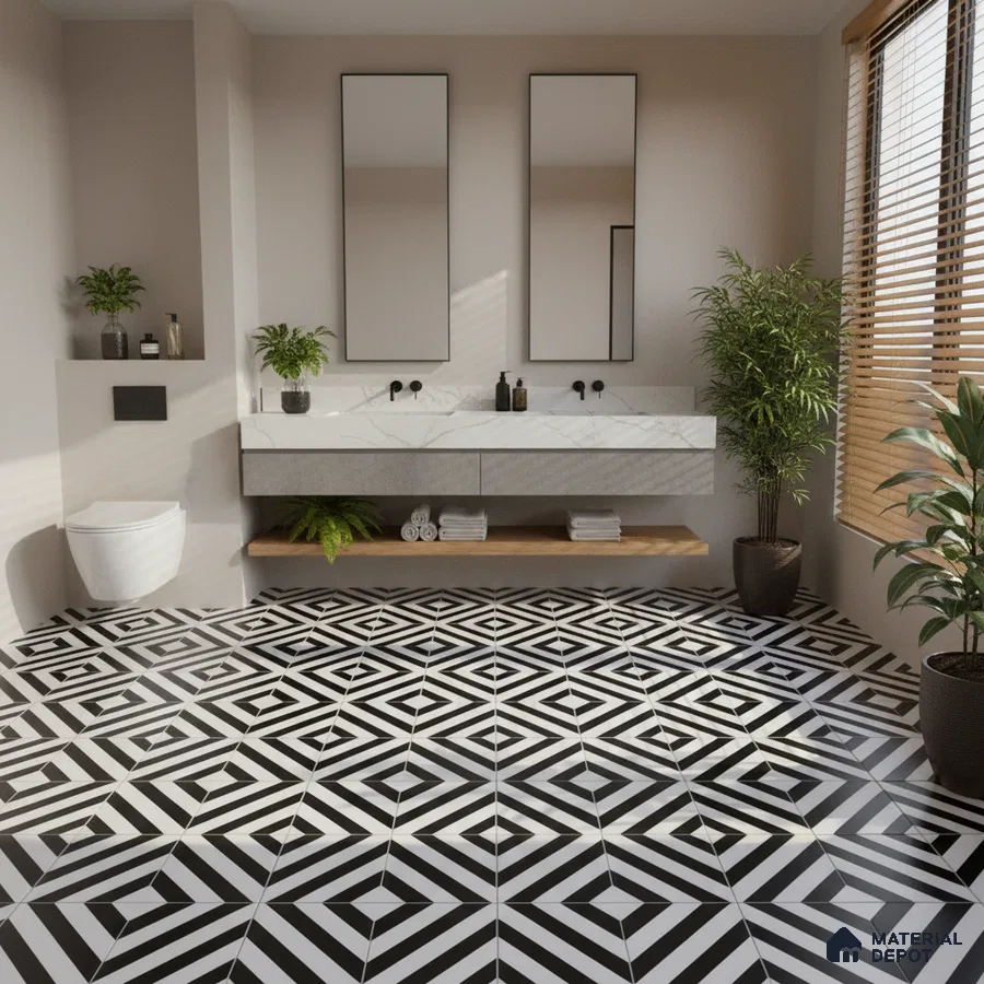 Modern bathroom with geometric black-and-white floor tiles and marble-look vanity countertop