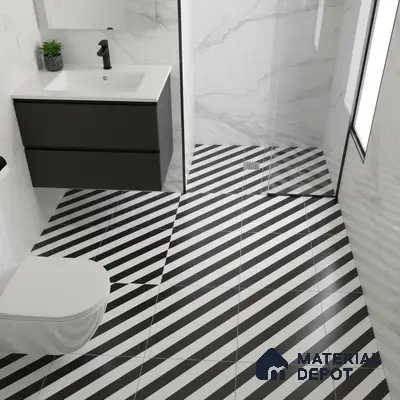 Modern bathroom with marble-look wall tiles and black-and-white diagonal striped floor tiles