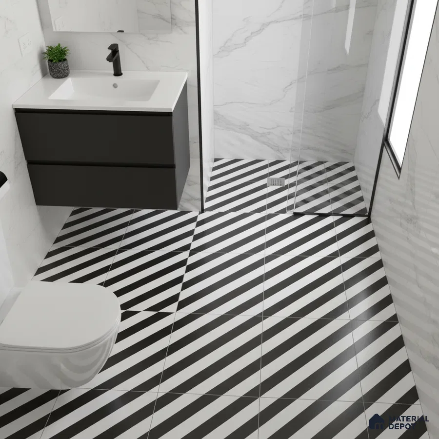 Modern bathroom with marble-look wall tiles and black-and-white diagonal striped floor tiles