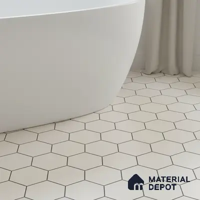 Minimalist bathroom with white hexagonal floor tiles and freestanding tub