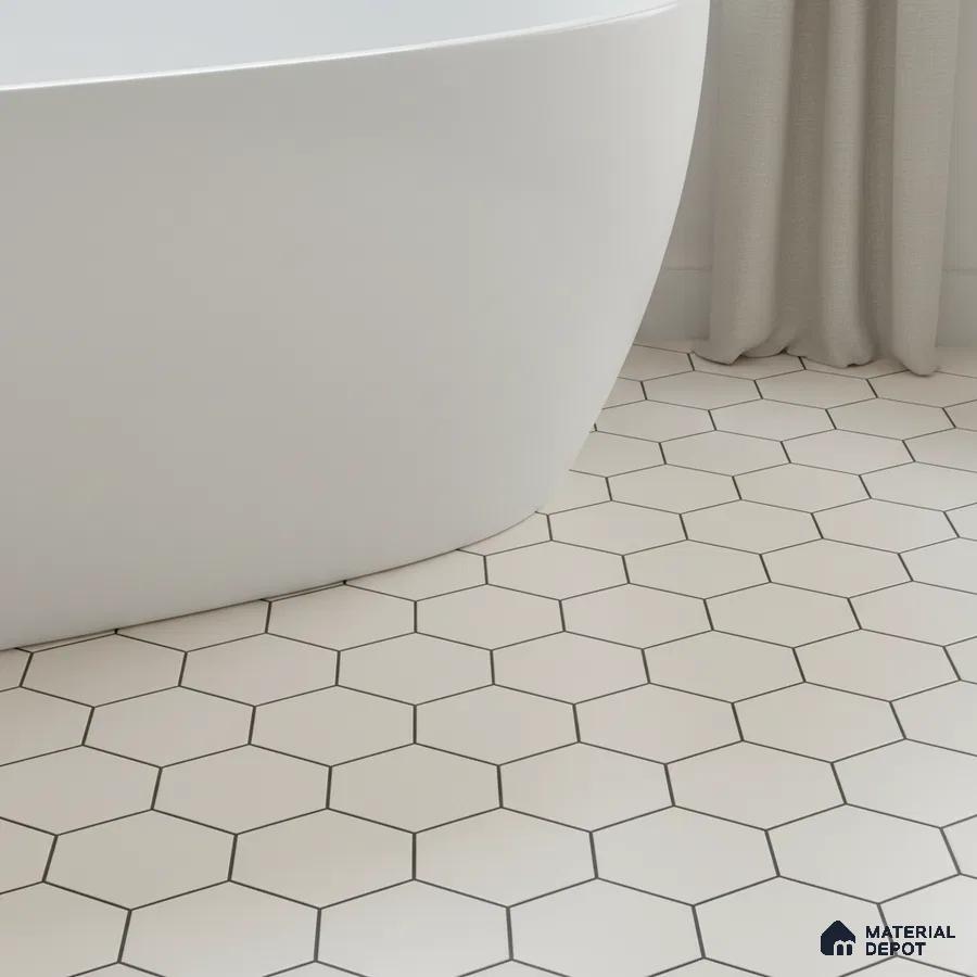 Minimalist bathroom with white hexagonal floor tiles and freestanding tub