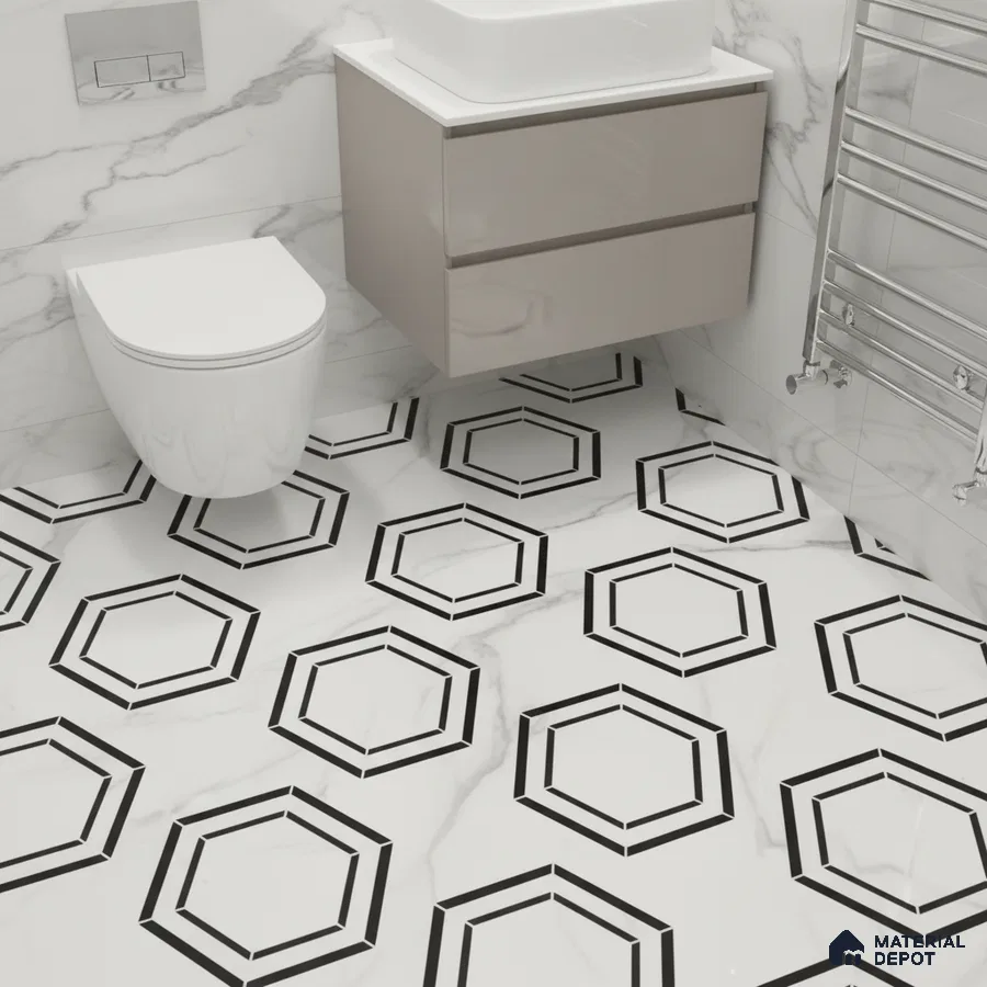 Modern bathroom with marble wall tiles and black-and-white geometric hexagonal floor tiles