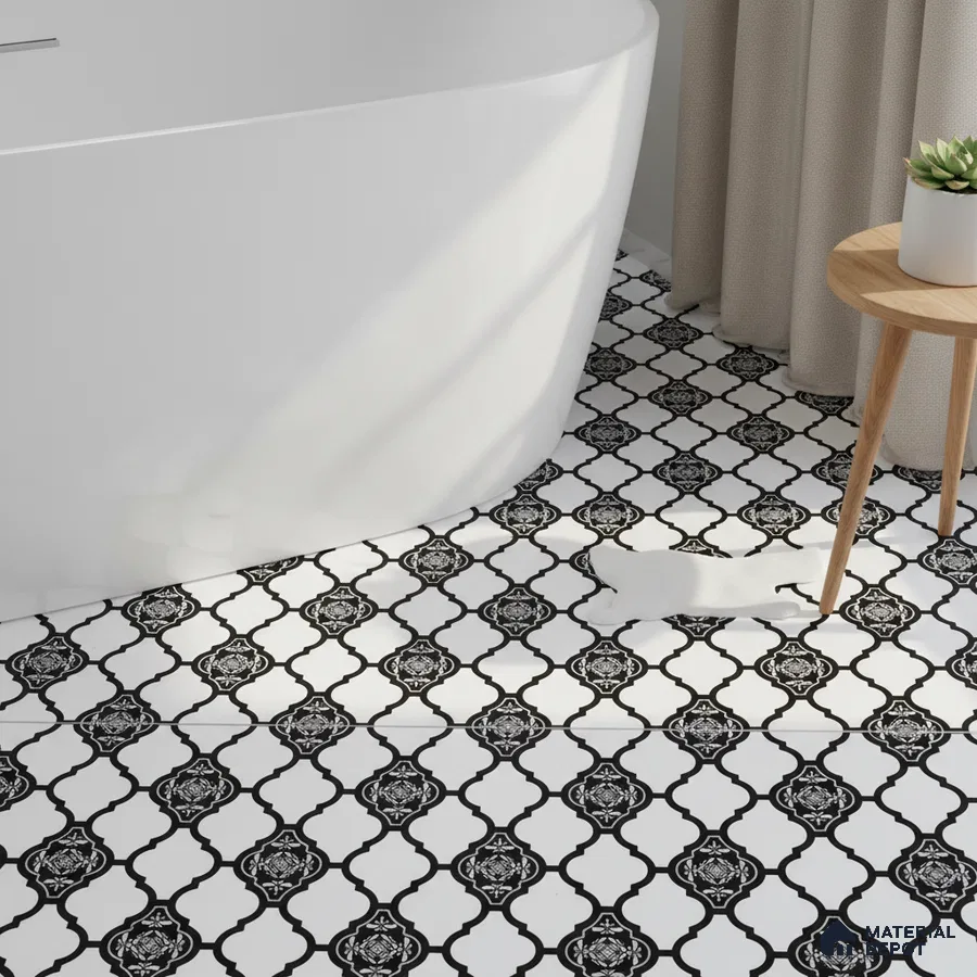 Modern bathroom with black-and-white moroccan patterned floor tiles and freestanding tub