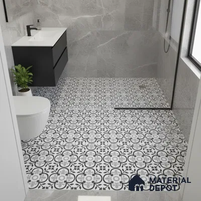 Modern bathroom with grey marble wall tiles and black-and-white floral patterned floor tiles