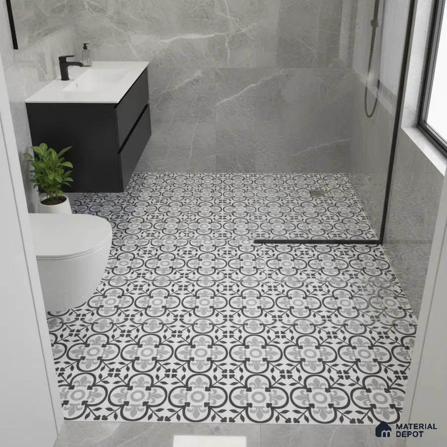 Modern bathroom with grey marble wall tiles and black-and-white floral patterned floor tiles