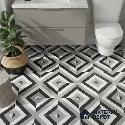 Modern bathroom with geometric black-and-white floor tiles and marble-look vanity countertop