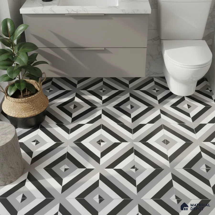 Modern bathroom with geometric black-and-white floor tiles and marble-look vanity countertop