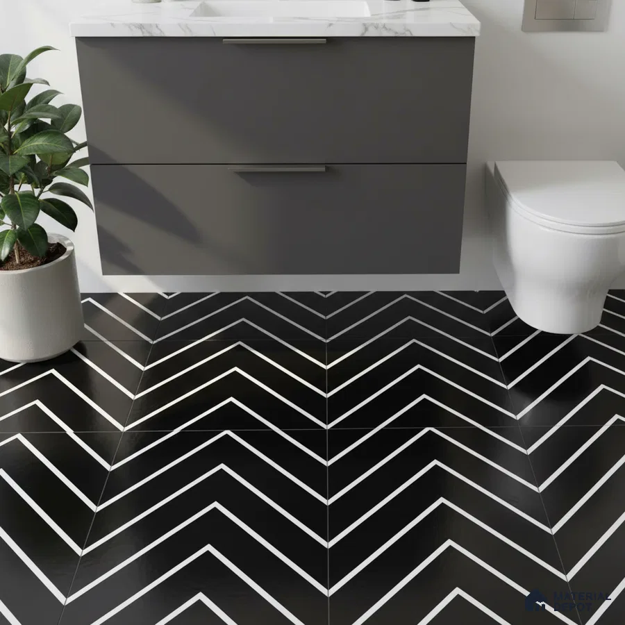 Modern bathroom with matte grey vanity and black-and-white chevron floor tiles