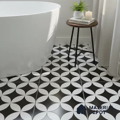 Modern bathroom with black-and-white geometric patterned floor tiles