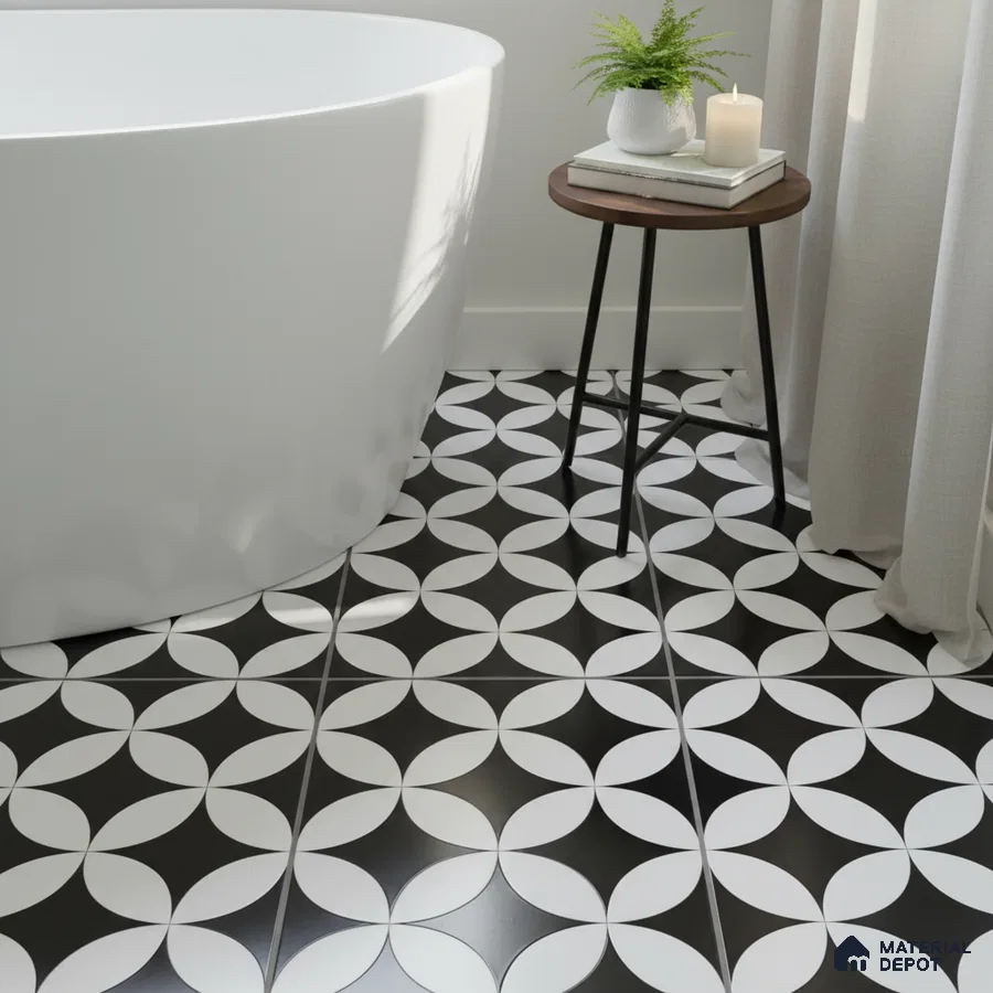 Modern bathroom with black-and-white geometric patterned floor tiles