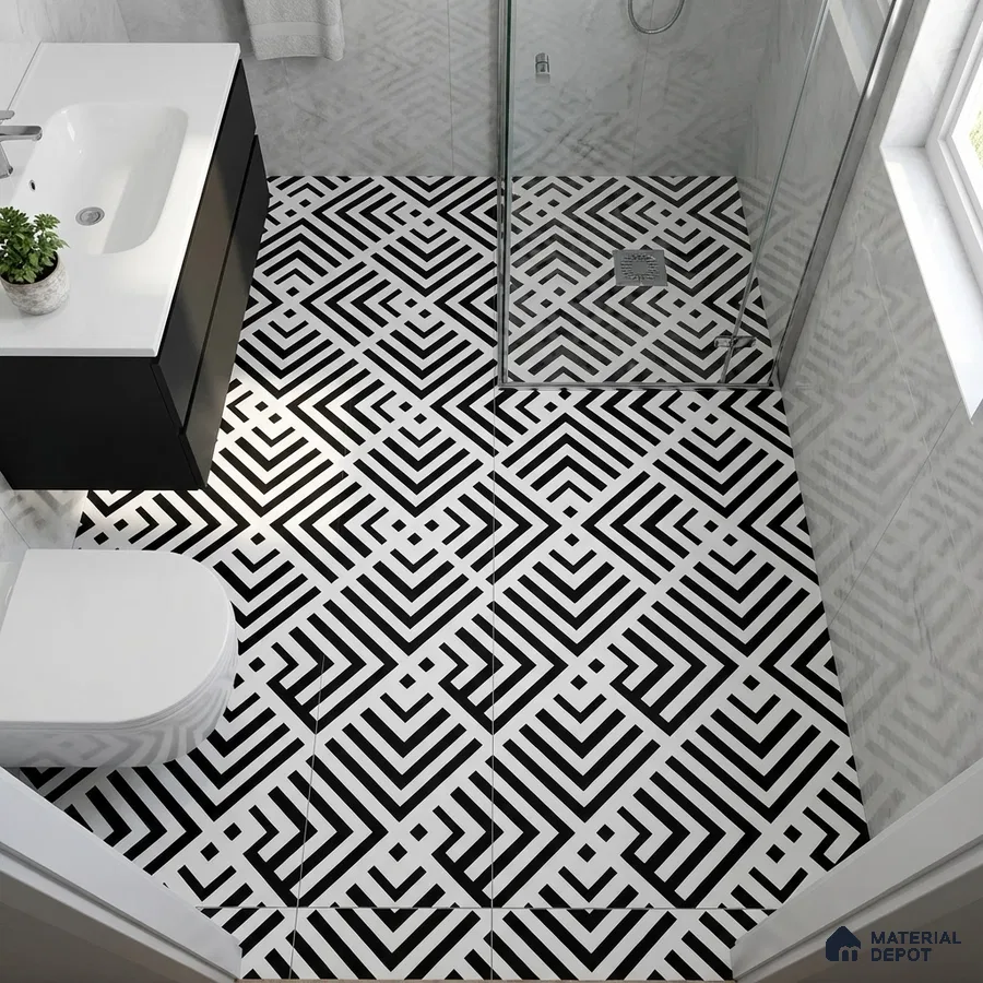 Modern bathroom with black-and-white geometric patterned floor tiles and white marble wall tiles