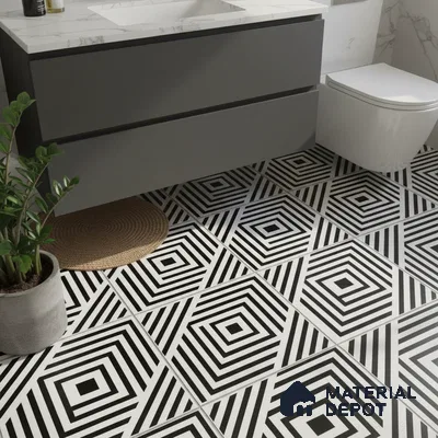 Modern bathroom with geometric black-and-white floor tiles and marble countertop vanity
